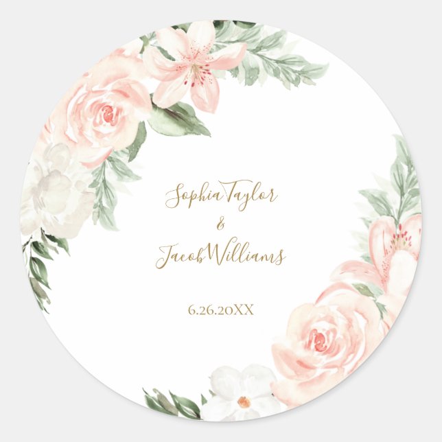 Botanische Hochzeit in Rosa und Gold Runder Aufkleber (Vorderseite)