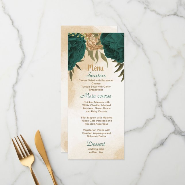 Botanische Hochzeit in Smaragdgrün Menükarte (Vorderseite/Rückseite Beispiel)