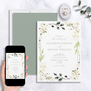 Botanische Hochzeit in weißem Sage grün, floral Einladung