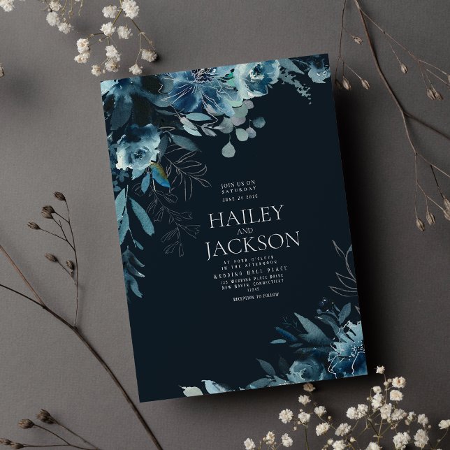 Botanische Hochzeit mit blauen aquamarinen Aquarel Einladung (Botanical navy blue teal watercolor floral wedding invitation )