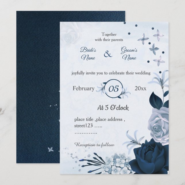 Botanische Hochzeit mit blauen Blüten Einladung (Vorne/Hinten)
