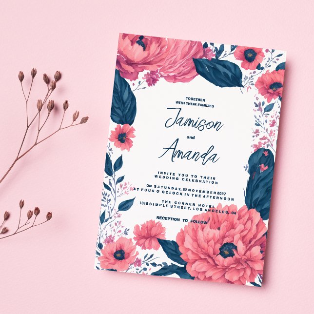 Botanische Hochzeit mit blauen Rosa Aquarellfarben Einladung (Botanical navy blue pink watercolor floral wedding)