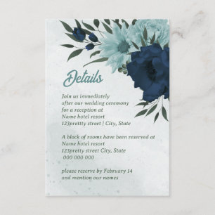 Botanische Hochzeit mit blauen und marinösen Blume Begleitkarte