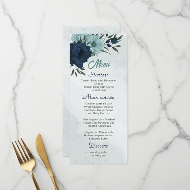 Botanische Hochzeit mit blauen und marinösen Blume Menükarte (Vorderseite/Rückseite Beispiel)