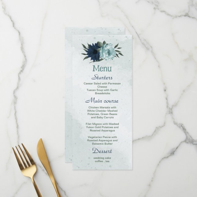 Botanische Hochzeit mit blauen und marinösen Blume Menükarte (Vorderseite/Rückseite Beispiel)