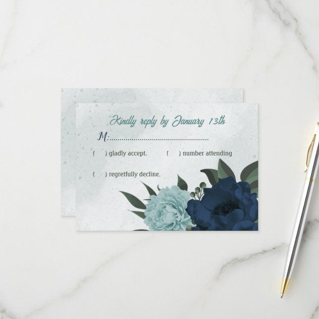 Botanische Hochzeit mit blauen und marinösen Blume RSVP Karte (Vorderseite/Rückseite Beispiel)