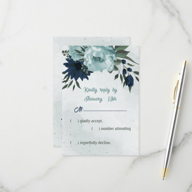 Botanische Hochzeit mit blauen und marinösen Blume RSVP Karte (Vorderseite/Rückseite Beispiel)