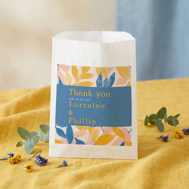 Botanische Hochzeit mit Blauer und Gelbblättriger  Geschenktütchen (Blue and Yellow Leafy Botanical Wedding thank you Favor Bag.)