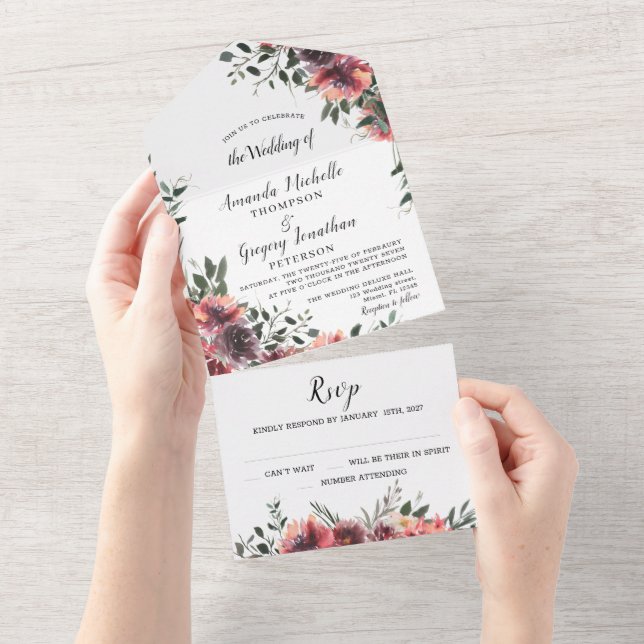 Botanische Hochzeit mit Blumenmotiven All In One Einladung (Abreißen)
