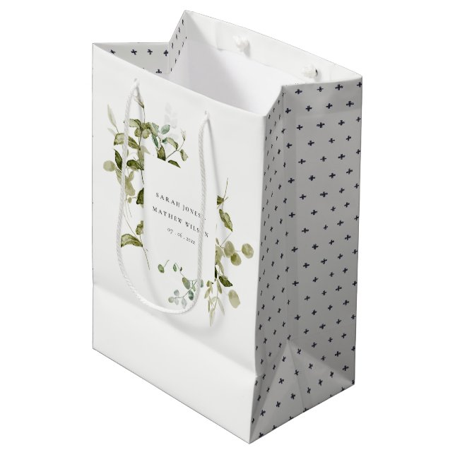 Botanische Hochzeit mit botanischem Blattwerk Mittlere Geschenktüte (Vorderseite Schrägansicht)