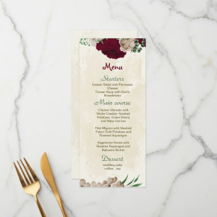Botanische Hochzeit mit Burgunder Champagner-Blume Menükarte