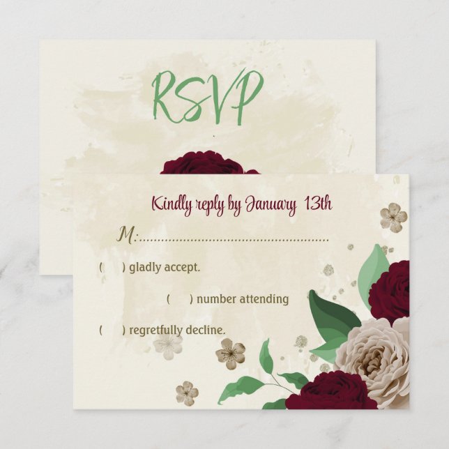 Botanische Hochzeit mit Burgunder Champagner-Blume RSVP Karte (Vorne/Hinten)