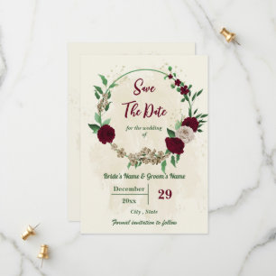 Botanische Hochzeit mit Burgunder Champagner-Blume Save The Date