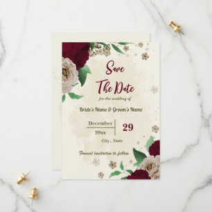 Botanische Hochzeit mit Burgunder Champagner-Blume Save The Date