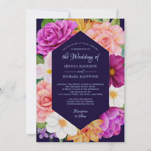 Botanische Hochzeit mit floraler Lila Rosa Einladung