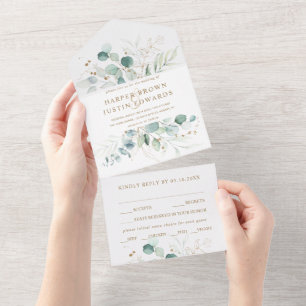 Botanische Hochzeit mit Gold und grünem Wasser All In One Einladung