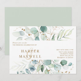Botanische Hochzeit mit Gold und grünem Wasser Einladung