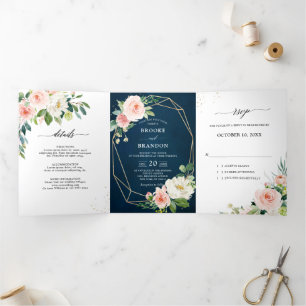 Botanische Hochzeit mit Hübschem Rosa Navy Dreifach Gefaltete Ankündigung