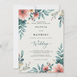 Botanische Hochzeit mit Korallen und Aquamarinen P Einladung