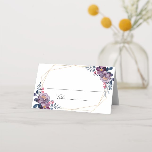 Botanische Hochzeit mit lila floraler Geometrie Platzkarte (Vorderseite)