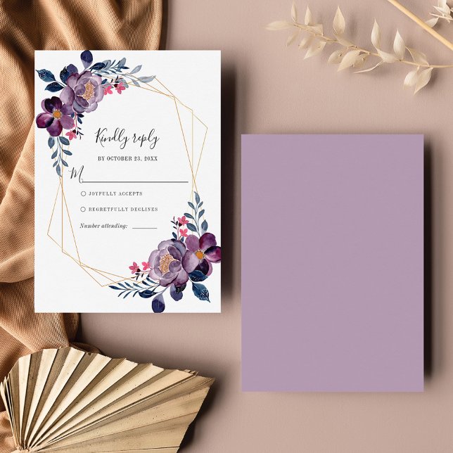 Botanische Hochzeit mit lila floraler Geometrie RSVP Karte (Purple Floral Navy Blue Flowers Wedding RSVP Card)
