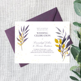 Botanische Hochzeit mit lila Gold-Glitzer Einladung