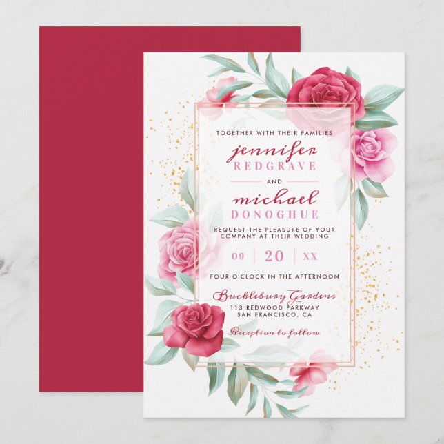 Botanische Hochzeit mit modernen rosa und roten Ch Einladung (Vorne/Hinten)