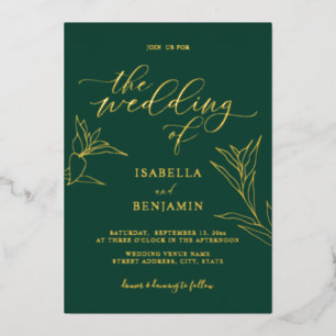 Botanische Hochzeit mit moderner Smaragdgoldkallig Folieneinladung