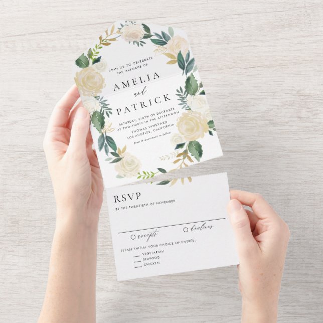 Botanische Hochzeit mit römischer Flora All In One Einladung (Abreißtisch)