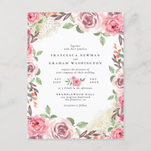 Botanische Hochzeit mit rosa Blume und Goldstaub Einladungspostkarte
