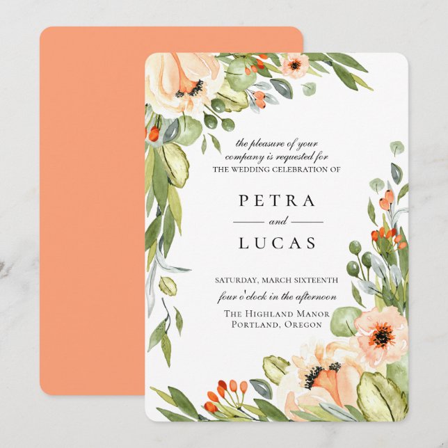 Botanische Hochzeit mit rustikalem Pfirsich Einladung (Vorne/Hinten)