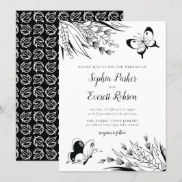 Botanische Hochzeit mit Schwarz-weißem Stift Einladung