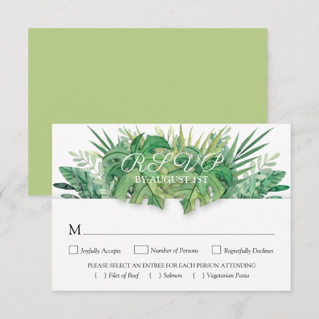 Botanische Hochzeit mit tropischen Pflanzen und Bl RSVP Karte (Vorne/Hinten)