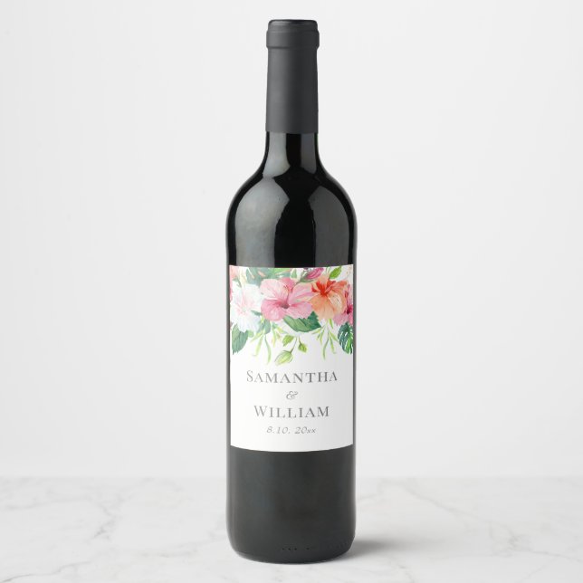 Botanische Hochzeit mit tropischer Wasserfarbe Weinetikett (Vorderseite)
