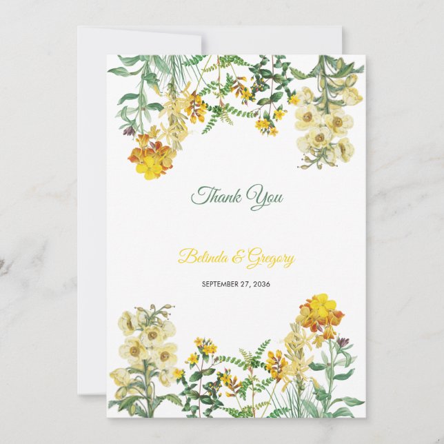 Botanische Hochzeit mit Vintagem Gelbwasser Dankeskarte (Vorderseite)
