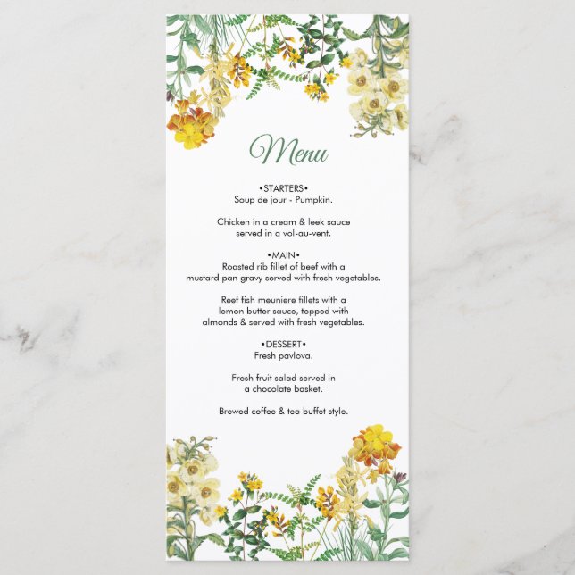 Botanische Hochzeit mit Vintagem Gelbwasser Menükarte (Vorderseite)