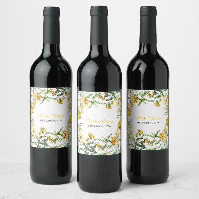 Botanische Hochzeit mit Vintagem Gelbwasser Weinetikett (Flaschen)