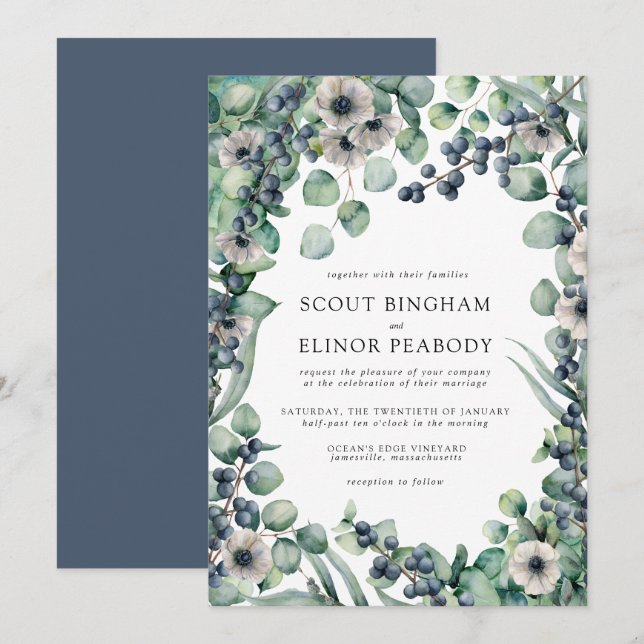 Botanische Hochzeit mit weißer Flora und Berries Einladung (Vorne/Hinten)
