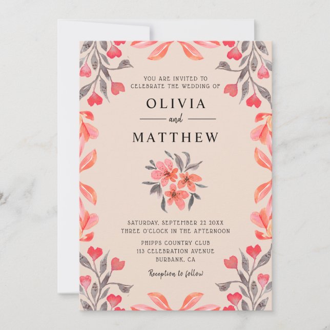 Botanische Hochzeit Peach Gray Watercolor Einladung (Vorderseite)