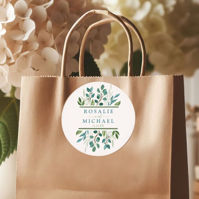 Botanische Hochzeit Runder Aufkleber (Botanical Greenery Custom Wedding Round or Square Sticker)
