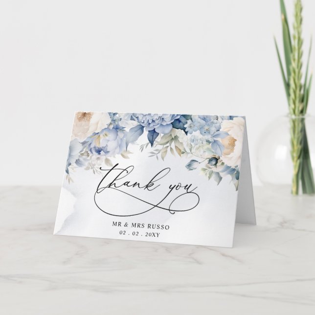Botanische Hochzeit von Blauer Flora Dankeskarte (Vorderseite)