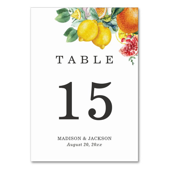 Botanische Hochzeit von Citrus Watercolor Tischnummer (Vorderseite)
