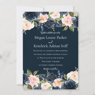 Botanische Hochzeit von Deep Navy Blue Blush Einladung