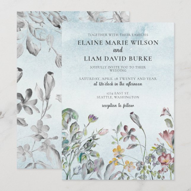 Botanische Hochzeit von Dusty Blue Einladung (Vorne/Hinten)