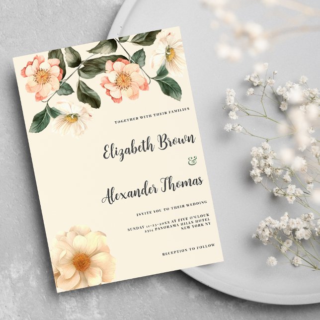 Botanische Hochzeit von Elfenbein Einladung (Botanical ivory pink coral green floral wedding)