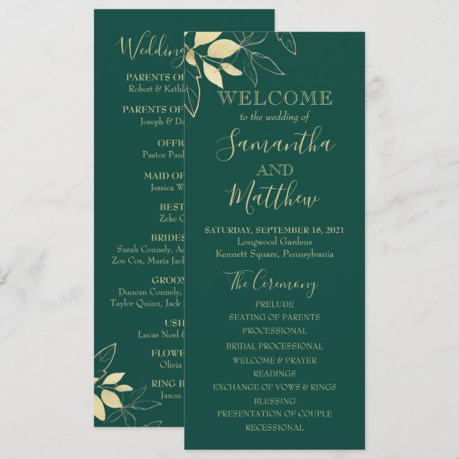 Botanische Hochzeit von Emerald Green & Gold Folia Programm (Vorne/Hinten)