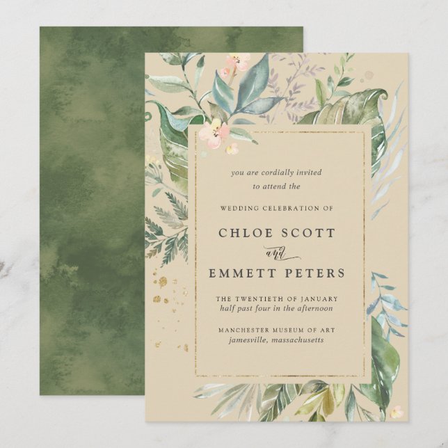 Botanische Hochzeit von Goldgrün Einladung (Vorne/Hinten)