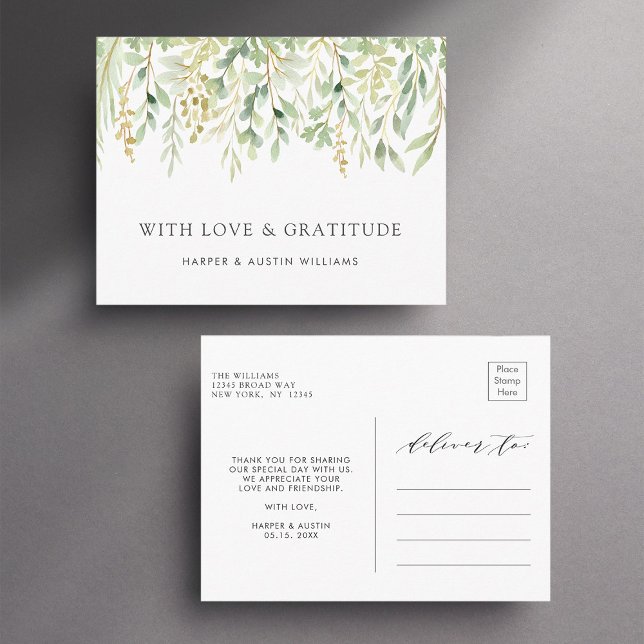 Botanische Hochzeit von Green Foliage Vielen Dank Postkarte (Front & Back)
