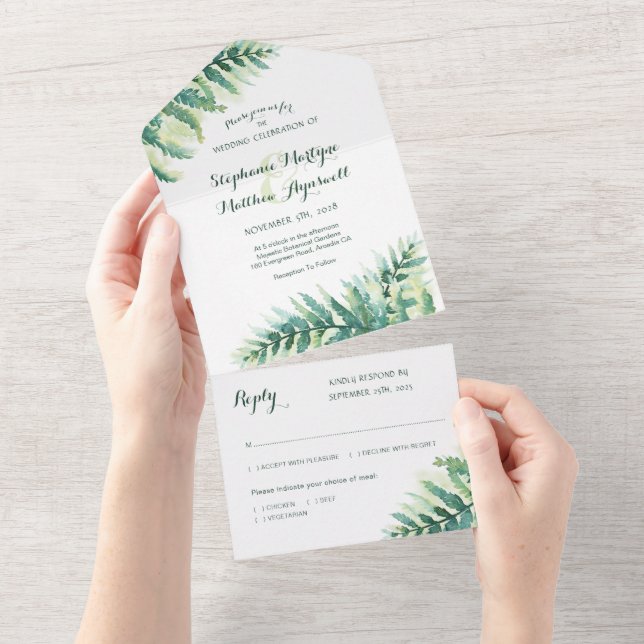 Botanische Hochzeit von Grünem Blattwerk All In One Einladung (Abreißen)