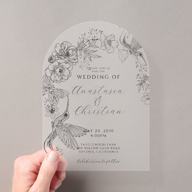 Botanische Hochzeit von handgezogenen Blumenvögeln Acryleinladungen (Insitu (Handheld))